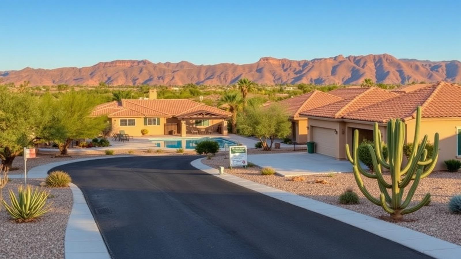 Small gated 55+ neighborhood with a community pool and mountain views in Surprise, Arizona