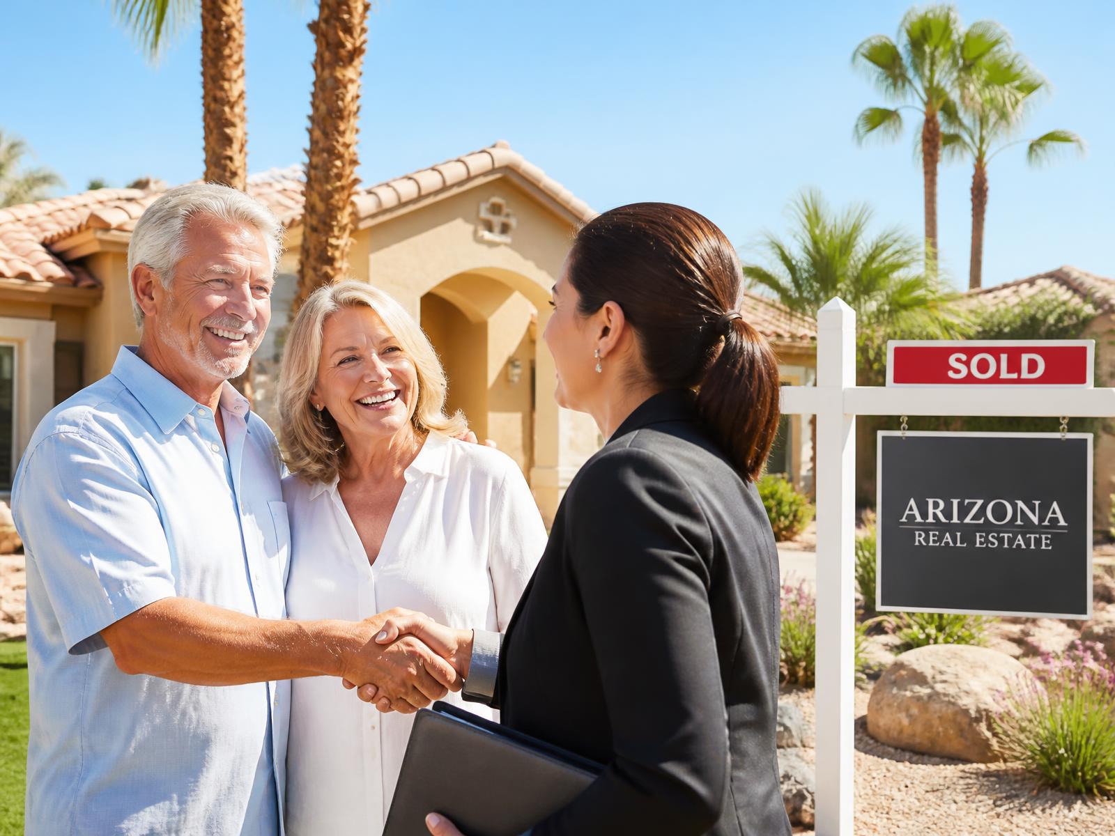 Happy retired couple shaking hands with their agent in front of a sold Arizona home on a sunny day