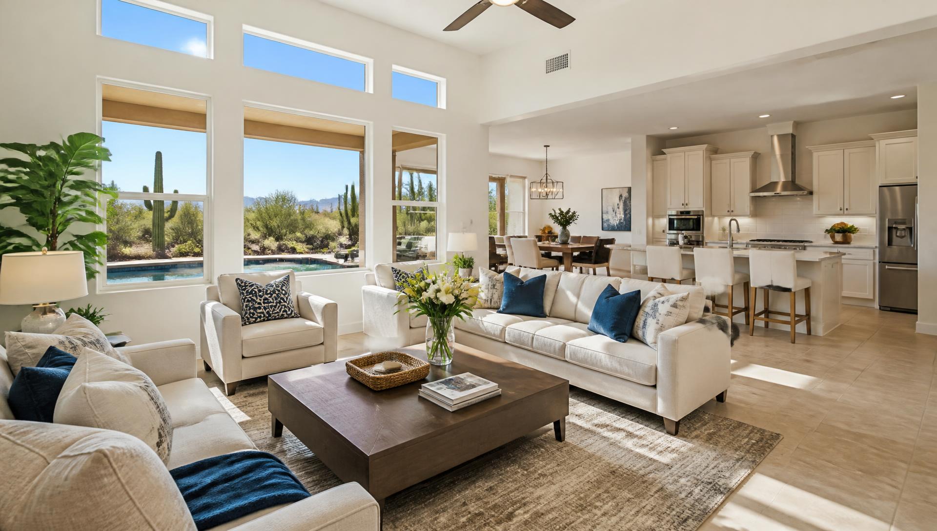 Bright staged living room of an Arizona single-story home ready for listing photography