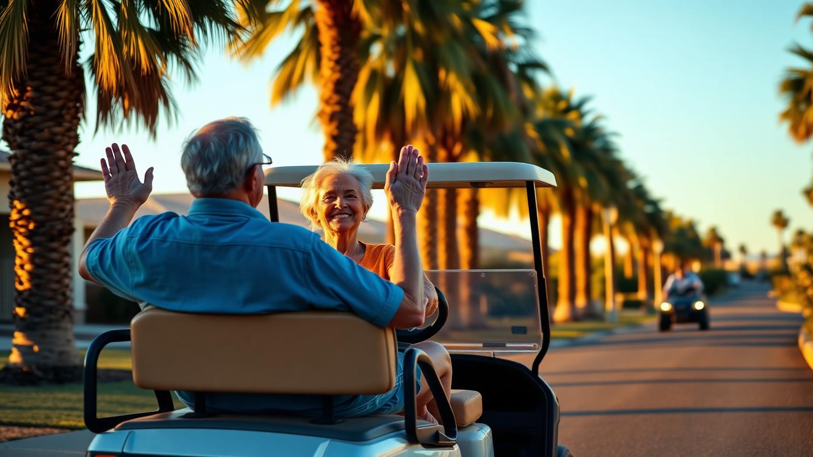 Retired couple waving from a golf cart on a palm-lined street in an Arizona active adult community