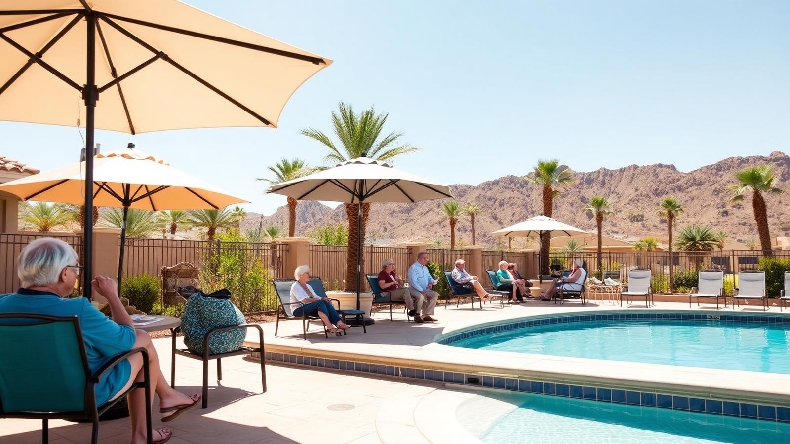 Neighbors relaxing and visiting at a resort-style community pool with desert mountains behind