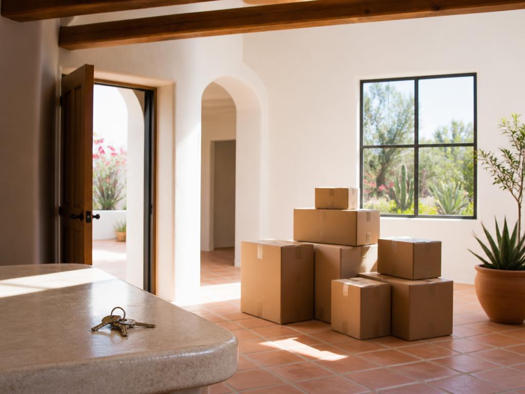 Moving boxes and house keys in a sunlit southwestern home