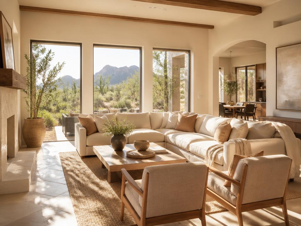 Sunlit Arizona living room with natural light streaming through large windows