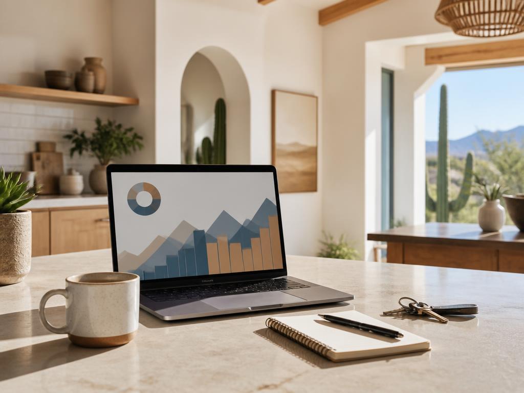 Laptop with a home value chart, notebook and keys on a sunlit kitchen counter