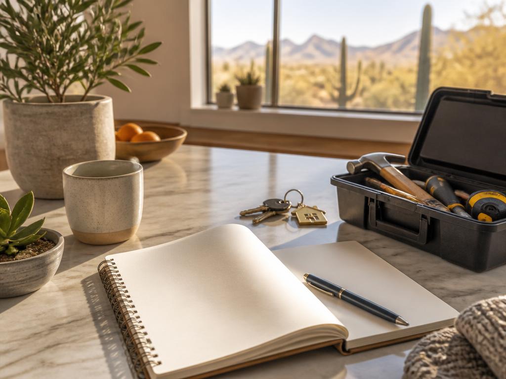 Blank planner, house keys and a toolbox on a bright kitchen counter