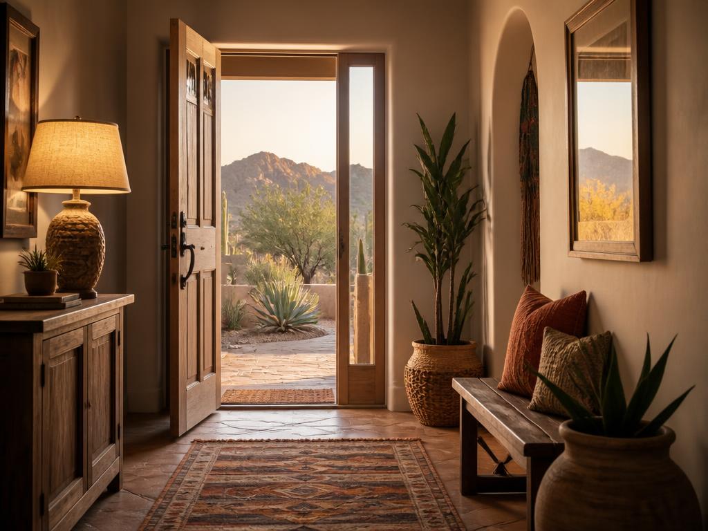 Warm welcoming entryway of a southwestern Arizona home at golden hour
