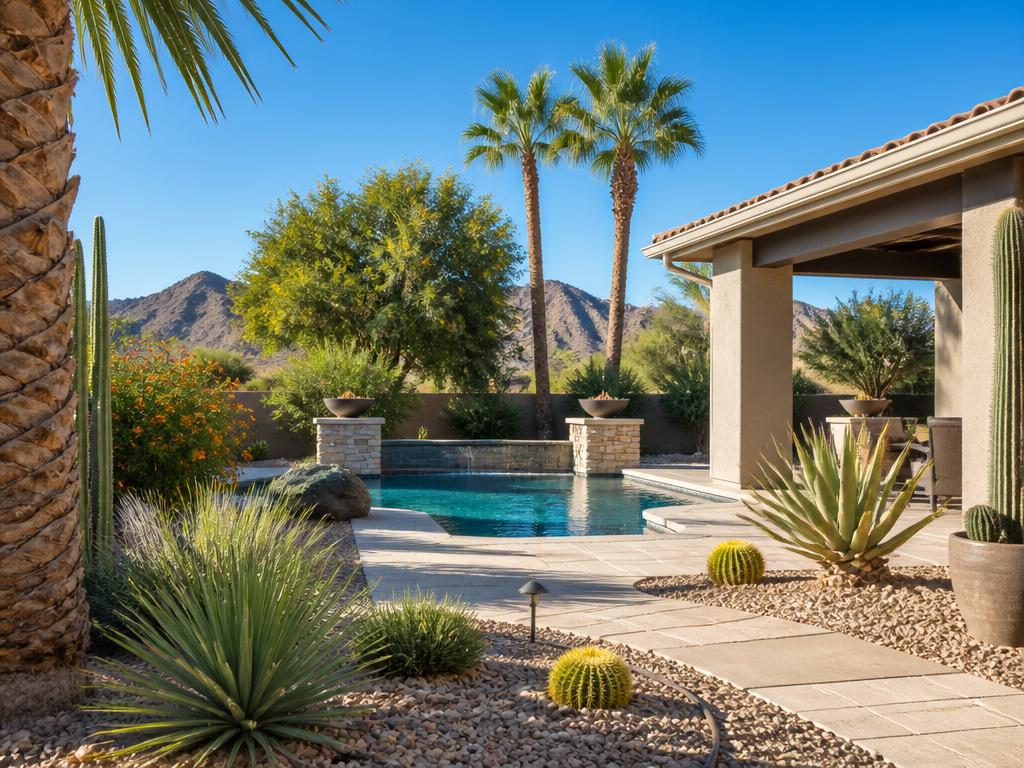Arizona backyard pool and desert landscaping under a bright blue summer sky