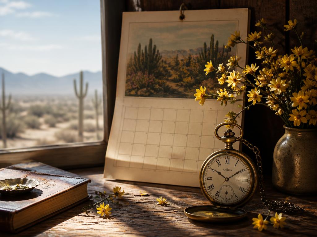 Vintage calendar and pocket watch with spring desert blooms on a wooden table