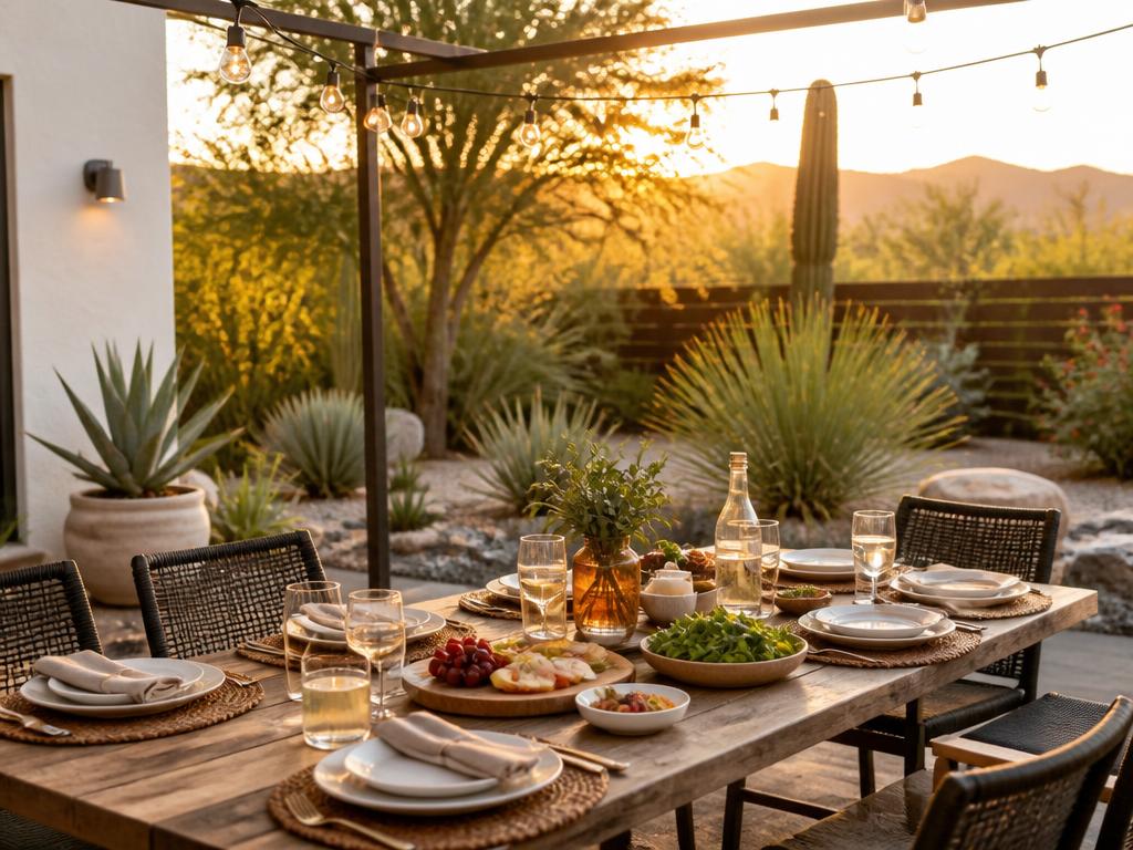 Outdoor patio table set for guests at golden hour in a desert backyard