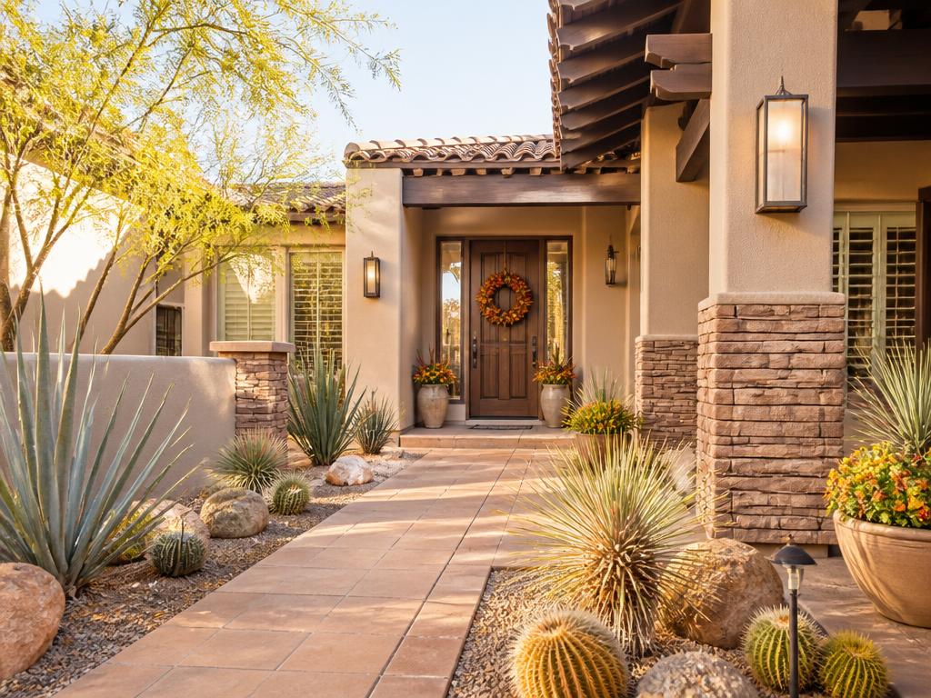 Welcoming Arizona home entrance with autumn wreath and golden desert landscaping